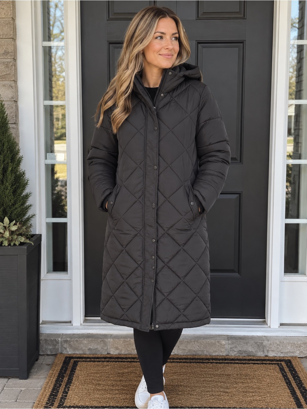 Joe Fresh Black Long Quilted Hooded Puffer Coat